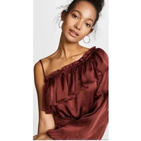 MISA Los Angeles Lucien Dress Off Shoulder Mini Satin Ruffle Cranberry Sz XS - Picture 2 of 11